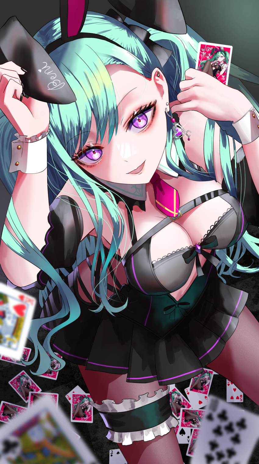 1girl absurdres animal_ears bare_shoulders black_dress breasts cleavage dress earrings fake_animal_ears green_hair highres jewelry large_breasts leotard long_hair looking_at_viewer necktie playboy_bunny purple_eyes rabbit_ears solo twintails virtual_youtuber vspo! yakumo_beni yakumo_beni_(2nd_costume) yusuke_(shiota)