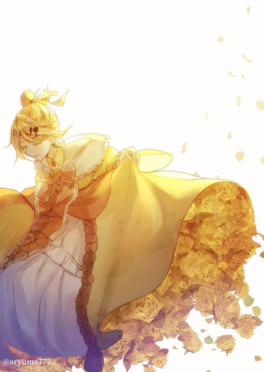 1girl aryuma772 backlighting bare_shoulders blonde_hair bloom bow brooch choker closed_eyes clothes_lift collarbone detached_collar dress dress_bow dress_flower earrings evillious_nendaiki falling_flower falling_petals flower frilled_choker frilled_dress frills hair_bow hair_ornament hairclip highres jewelry kagamine_rin lifting_own_clothes long_sleeves off_shoulder orange_bow petals ponytail riliane_lucifen_d&#039;autriche rose senjougahara_pose short_ponytail skirt skirt_hold skirt_lift smile solo strapless strapless_dress twitter_username updo vocaloid wide_sleeves yellow_bow yellow_choker yellow_dress yellow_flower yellow_rose