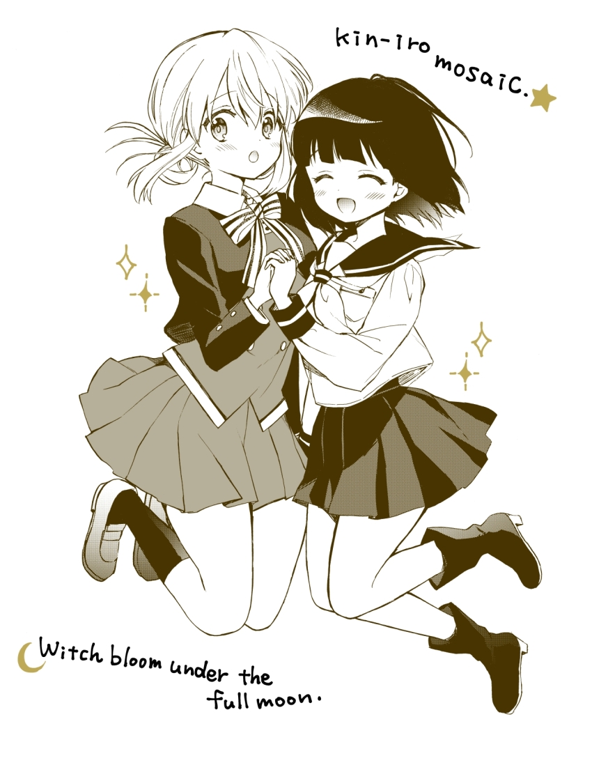 :o ^_^ bare_legs black_footwear black_hair black_socks blunt_bangs blush boots bow breast_pocket breasts buttons closed_eyes collared_shirt commentary_request copyright_name cosplay costume_switch creator_connection cropped_jacket double-breasted english_text engrish_text facing_viewer floating_hair full_body hair_bun hara_yui high_heel_boots high_heels highres holding_hands jumping kin-iro_mosaic legs_up loafers lone_nape_hair looking_at_viewer majo_wa_mangetsu_ni_saku medium_breasts medium_hair messy_hair minato_shima moegi_high_school_uniform monochrome multicolored_bow neckerchief official_art oomiya_shinobu pleated_skirt pocket ranguage school_uniform shirt shoes simple_background skirt socks sparkle white_background wind wind_lift