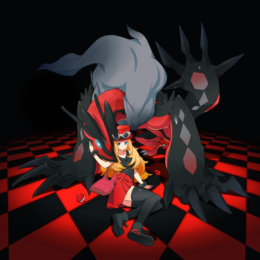 10s 1girl bag black_thighhighs blonde_hair checkered_floor floor gen_6_pokemon goggles goggles_on_headwear hanamakisan handbag highres legendary_pokemon long_hair nintendo pleated_skirt poke_ball pokemon pokemon_(creature) pokemon_xy serena_(pokemon) sitting skirt thighhighs tm_(hanamakisan) wristband yokozuwari yveltal