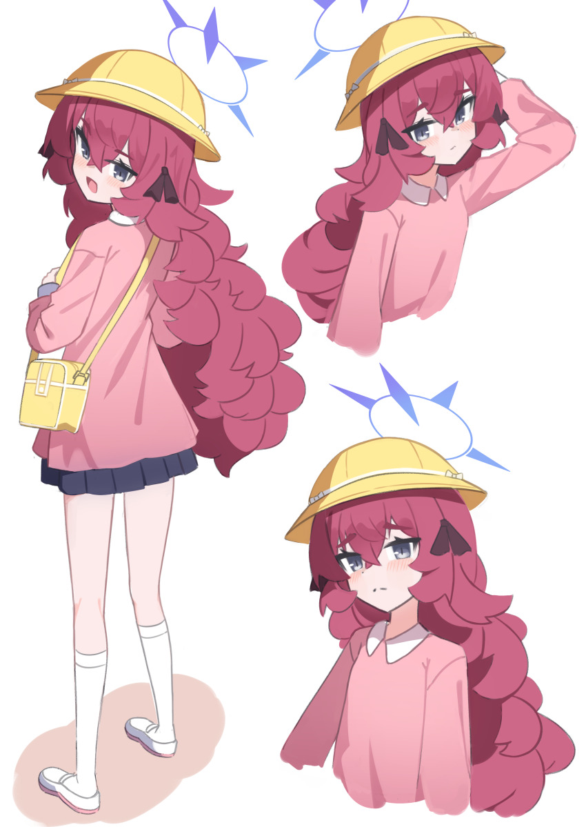 1girl absurdres alternate_costume anma21 bag black_eyes black_skirt blue_archive closed_mouth commentary from_behind full_body furrowed_brow hair_ribbon halo hat highres iroha_(blue_archive) kindergarten_bag kindergarten_uniform kneehighs long_hair long_sleeves looking_at_viewer looking_back miniskirt multiple_views open_mouth pink_shirt pleated_skirt purple_halo red_hair ribbon school_hat shirt shoes simple_background skirt socks solo standing very_long_hair wavy_hair white_background white_shoes white_socks yellow_bag yellow_hat
