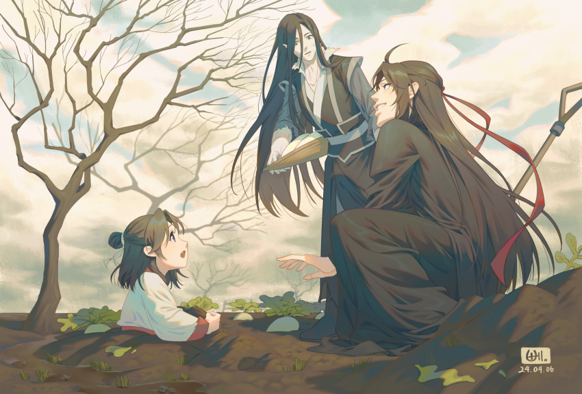 2024 3boys bare_tree basket black_hanfu chinese_clothes cloud cloudy_sky dated dirt frang_art full_body grey_eyes hair_bun hair_ribbon hanfu highres holding holding_basket korean_commentary lan_sizhui long_hair long_sleeves looking_at_another male_focus modao_zushi mud multiple_boys open_mouth outdoors pale_skin partially_buried purple_eyes radish red_ribbon ribbon shovel sky smile squatting teeth torn_cloth tree veiny_face water wei_wuxian wei_wuxian_(yiling_laozu) wen_ning white_hanfu white_ribbon wide_sleeves