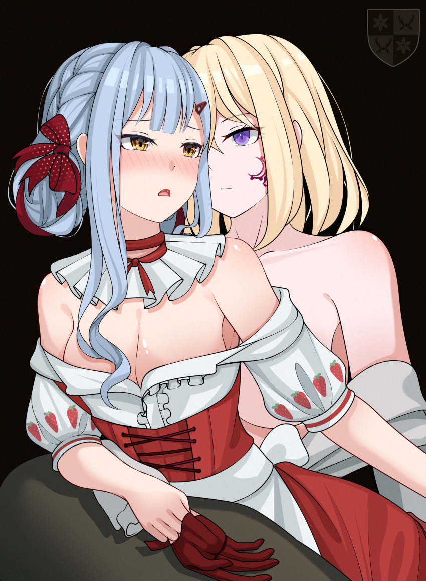 2girls absurdres aver_(yumenokessho) bang_dream! bang_dream!_it&#039;s_mygo!!!!! black_background blonde_hair blue_hair braid breasts cleavage commentary_request corset doloris_(bang_dream!) dress facial_mark fffteam gloves hair_ornament hair_ribbon hairclip hand_in_another&#039;s_glove highres large_breasts misumi_uika multiple_girls off_shoulder open_mouth purple_eyes red_corset red_eyes red_gloves ribbon saliva sidelocks simple_background topless_female white_dress yumenokessho yuri