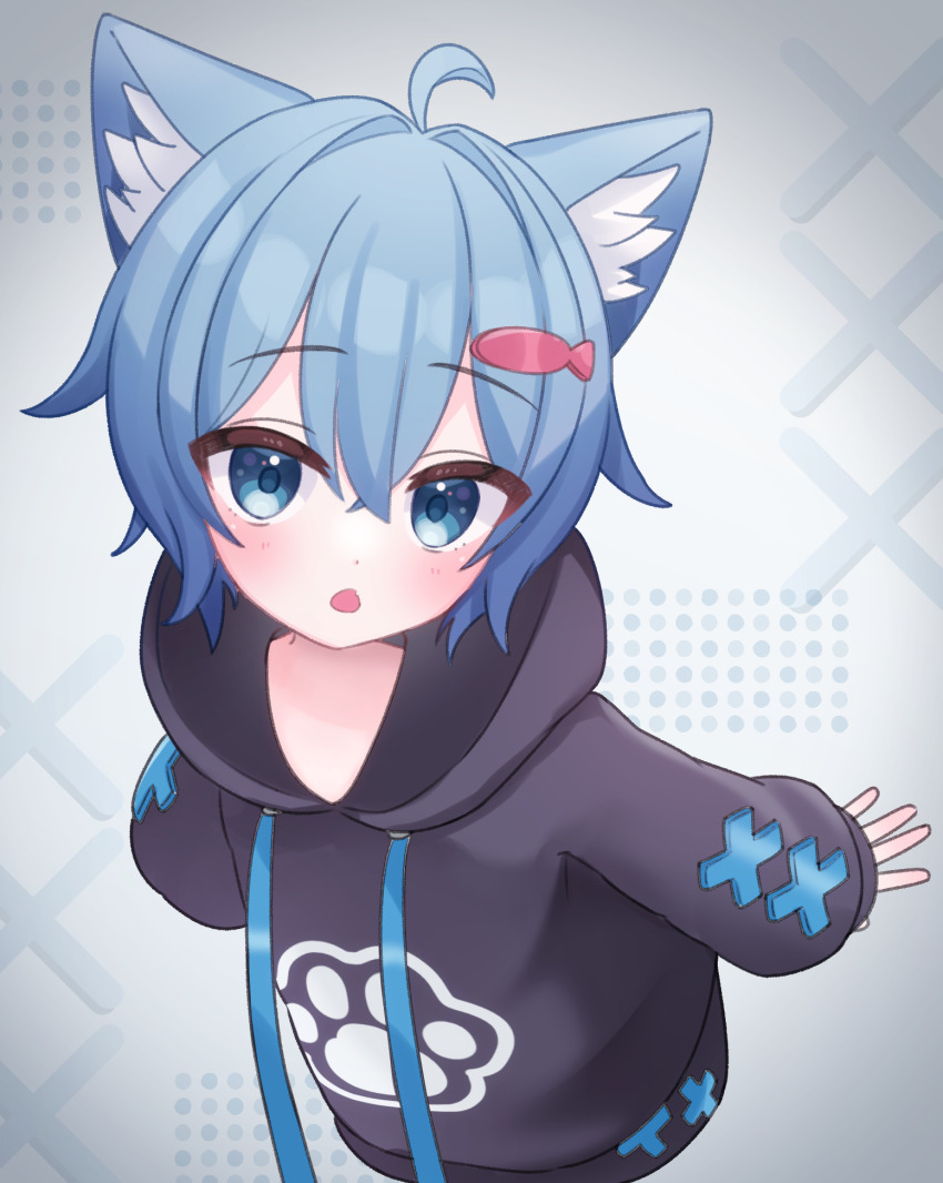 1girl :o ahoge animal_ear_fluff animal_ears animal_print black_hoodie blue_eyes blue_hair blue_hoodie blush cat_boy cat_ears drawstring fang fish_hair_ornament fish_print fish_skeleton hair_between_eyes hair_ornament highres hood hood_down hoodie long_sleeves looking_at_viewer mashir_oxo open_mouth paw_print rusk_(komado_booth) short_hair solo vrchat