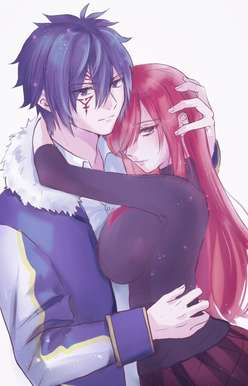 1boy 1girl blue_hair breasts erza_scarlet fairy_tail hair_over_one_eye highres jellal_fernandes large_breasts long_hair red_hair