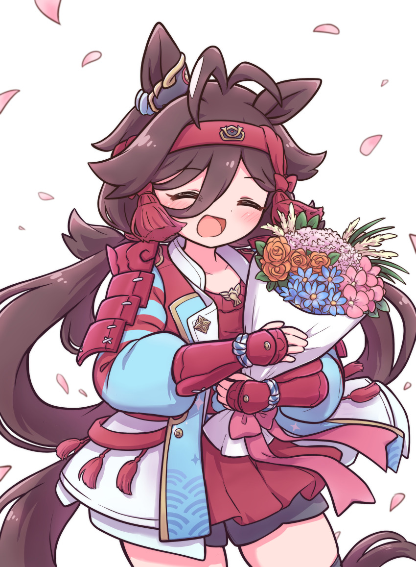 1girl absurdres animal_ears armor blush bouquet closed_eyes commentary_request flower hair_between_eyes hair_ornament hairband highres horse_ears horse_girl japanese_armor long_hair minmin_(kemomofuri) no_reason_(umamusume) petals solo thighhighs umamusume white_background