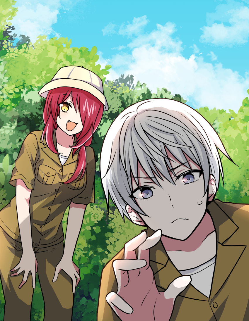 1boy 1girl :d absurdres brown_jacket brown_pants cloud collarbone day fang forest grey_eyes grey_hair hair_over_one_eye hand_up highres jacket kobayashi_rindou nature open_mouth pants safari_hat safari_jacket shokugeki_no_souma short_hair short_sleeves smile sweatdrop toy-black tree tsukasa_eishi yellow_eyes
