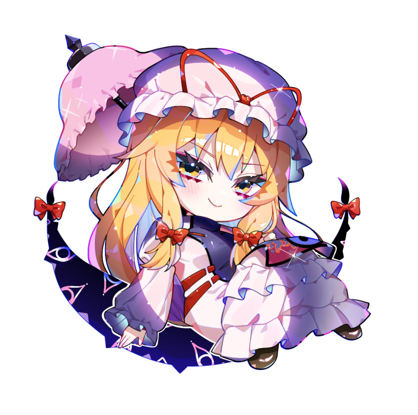 1girl black_shoes blonde_hair bow brown_eyes chibi full_body hair_bow hat holding holding_umbrella long_hair long_sleeves looking_at_viewer mob_cap parasol red_bow shoes sia_6767 simple_background solo touhou umbrella white_background yakumo_yukari