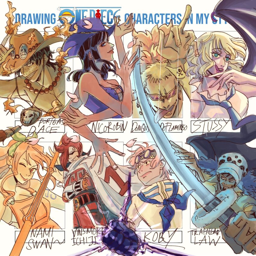 3girls 5boys arm_tattoo avaxxah black_hair black_wings blonde_hair blue_eyes blue_neckerchief blue_necktie cape character_name clenched_hand commentary copyright_name cowboy_hat crossed_arms curly_eyebrows donquixote_doflamingo earrings english_commentary extra_arms eyewear_on_head fire freckles haki_(one_piece) hana_hana_no_mi hand_tattoo hat headband highres holding holding_staff holding_sword holding_weapon jewelry koby_(one_piece) long_hair medium_hair multiple_boys multiple_drawing_challenge multiple_girls nami_(one_piece) neckerchief necklace necktie nico_robin nico_robin_(whisky_peak) one_eye_closed one_piece one_piece:_stampede orange_hair pink_hair pink_petals portgas_d._ace purple_hat purple_shirt red_hair shirt short_hair sleeveless smile staff string stussy_(one_piece) sunglasses sword tattoo tongue tongue_out topless_male trafalgar_law vinsmoke_ichiji weapon white_cape wings