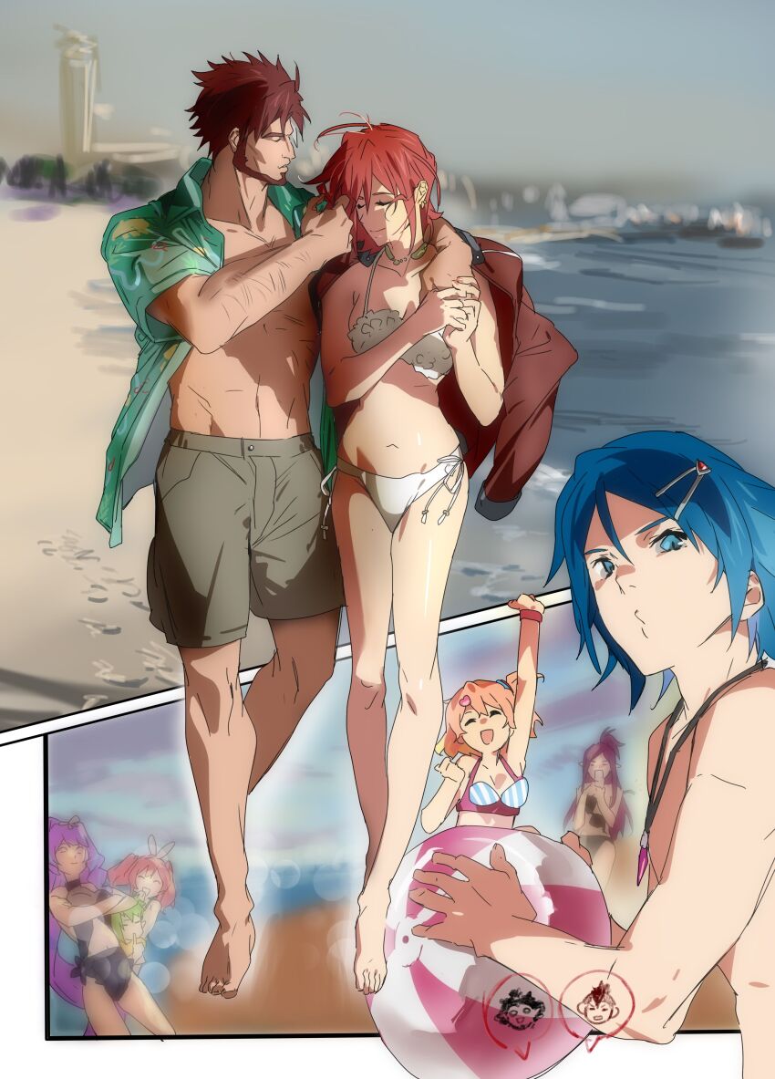 2boys 6+girls absurdres arad_molders arm_around_shoulder bad_id bad_twitter_id ball barefoot beach beachball beard bikini black_one-piece_swimsuit blue_bikini blue_eyes blue_hair breasts brown_hair chuck_mustang collarbone facial_hair freyja_wion green_hair green_shirt grey_shorts groin hair_behind_ear hair_ornament hair_ribbon hairclip hawaiian_shirt hayate_immelmann heart heart_hair_ornament hetero highres holding holding_ball holding_hands jewelry kaname_buccaneer long_hair macross macross_delta makina_nakajima messer_ihlefeld midriff mikumo_guynemer mirage_farina_jenius multiple_boys multiple_girls navel necklace one-piece_swimsuit orange_hair pink_hair pointy_ears puckered_lips purple_hair red_hair reina_prowler ribbon shirt short_hair shorts small_breasts smile speech_bubble surprised swimsuit twintails very_long_hair walking walkure_(macross_delta) wangyou_ro wardrobe_malfunction white_bikini white_ribbon