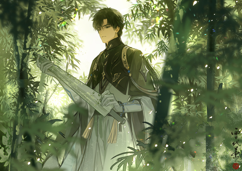 1boy bamboo bamboo_forest black_cape black_eyes black_hair blurry blurry_background blurry_foreground bracelet cape chinese_clothes chinese_text closed_mouth closed_umbrella cowboy_shot day expressionless forest gloves holding holding_umbrella jewelry long_hair long_sleeves looking_at_viewer love_and_deepspace low-tied_long_hair low_ponytail male_focus mandarin_collar nature oil-paper_umbrella outdoors parted_bangs ponytail solo sunlight tassel two-sided_fabric umbrella white_gloves xuedaixun zayne_(love_and_deepspace)