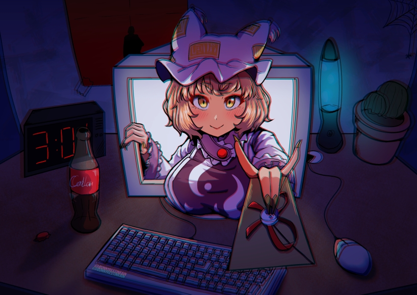 1girl :&gt; absurdres animal_ears animal_hat blonde_hair blue_tabard bottle breasts chromatic_aberration commentary_request computer envelope fingernails fox_ears fox_shadow_puppet frilled_sleeves frills hat highres holding holding_envelope holding_letter indoors kitsune large_breasts lava_lamp letter long_sleeves looking_at_viewer mob_cap sharp_fingernails short_hair sleepymoon soda_bottle solo tabard through_medium through_screen touhou twitter_username yakumo_ran yellow_eyes