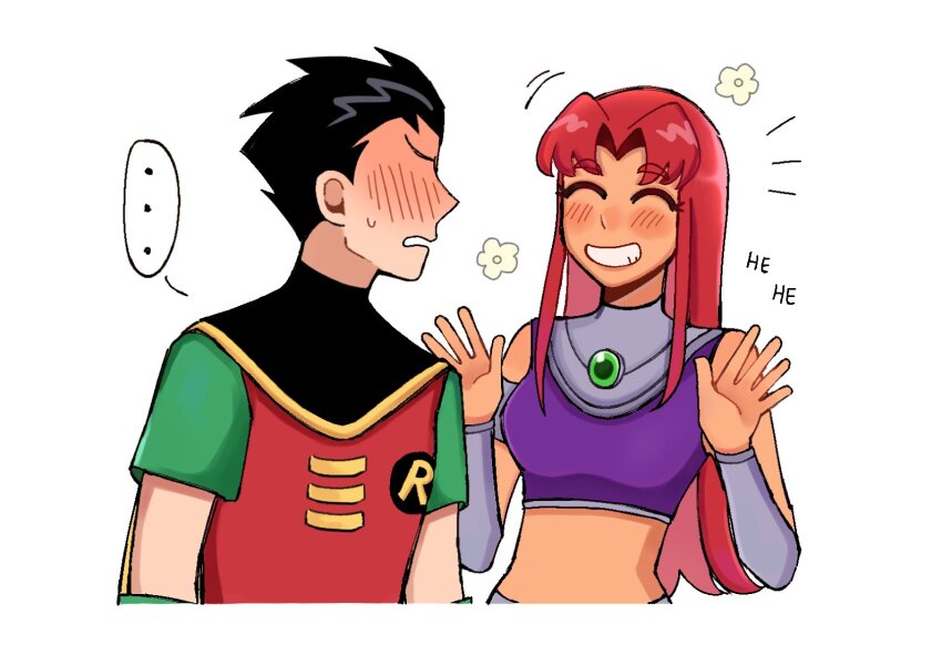 ... 1boy 1girl black_cape black_hair blush cape closed_eyes dc_comics gloves green_gloves green_shirt long_hair red_hair red_vest robin_(dc) samsunei shirt short_hair short_sleeves simple_background sparkle speech_bubble starfire teen_titans vest white_background