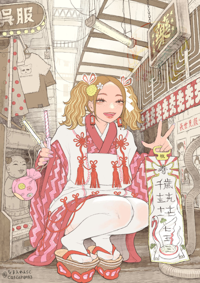 1girl artist_name bag brown_hair candy catcar0983 chinese_clothes chinese_knot chitose_ame cityscape earrings endless_knot flower food forehead freckles gyaru hair_flower hair_ornament hair_ribbon hanfu hifu highres holding holding_bag holding_candy holding_food japanese_clothes jewelry kimono kogal light_brown_hair lips okobo original panchang_knot pink_bag platform_clogs platform_sandals red_lips ribbon sandals see-through_ribbon shichi-go-san shopping_district sidelocks signature smile solo squatting teeth thick_eyebrows thighhighs twintails twitter_username upper_teeth_only white_hanfu
