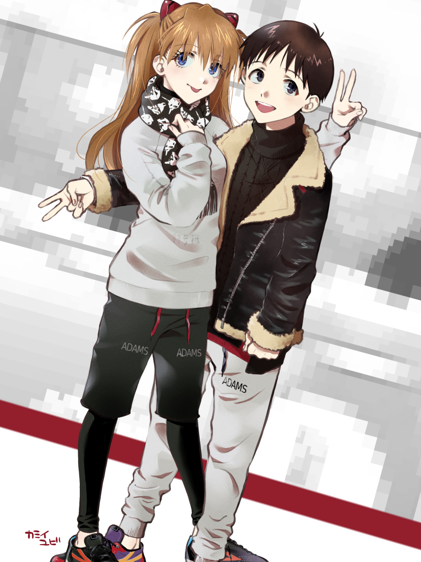 1boy 1girl absurdres alternate_costume arm_around_shoulder black_hair breasts brown_hair casual couple full_body hair_ornament happy hetero highres ikari_shinji interface_headset_(evangelion) long_hair neon_genesis_evangelion official_alternate_costume scarf short_hair simple_background souryuu_asuka_langley standing sweater two_side_up v yubi_kamii