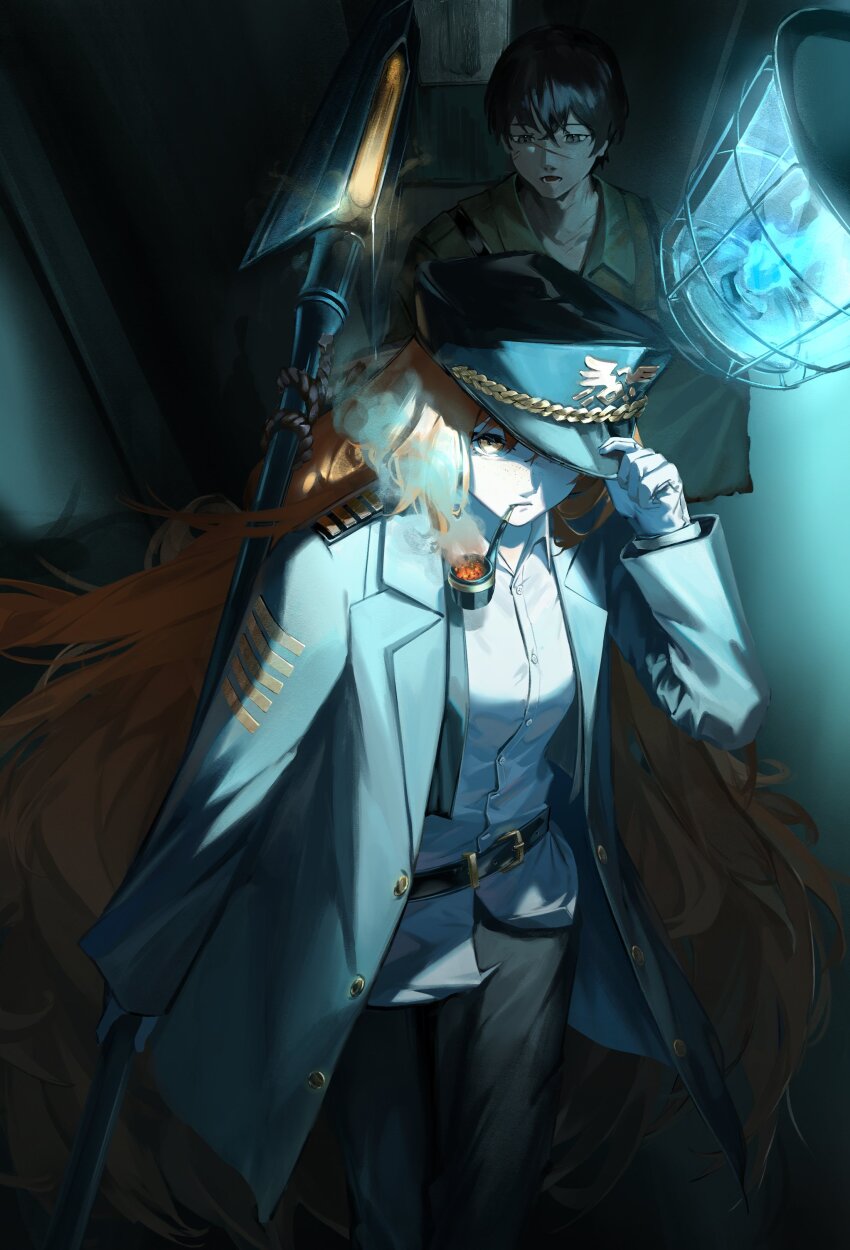 1boy 1girl absurdres belt black_pants black_shirt coat dress_shirt hat hat_tip highres holding_harpoon ishmael_(project_moon) issun_boushi_(taku37taku) lantern lapels limbus_company long_hair looking_at_viewer looking_up open_clothes open_coat orange_hair pants peaked_cap pequod_(identity)_(project_moon) project_moon rope scar scar_on_face shirt smoking smoking_pipe solo_focus very_long_hair white_shirt yi_sang_(project_moon)