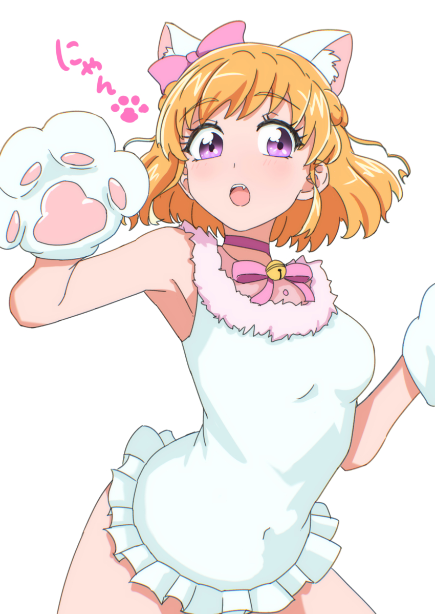 1girl absurdres animal_ears animal_hands asahina_mirai bell blonde_hair blush bow braid choker commentary_request covered_navel dress fake_animal_ears gloves hair_bow hakuino_hakase half_up_braid highres jingle_bell mahou_girls_precure! mahou_girls_precure!!_mirai_days medium_hair neck_ribbon open_mouth paw_gloves pink_bow pink_choker pink_ribbon precure purple_eyes ribbon sleeveless sleeveless_dress solo white_background white_dress