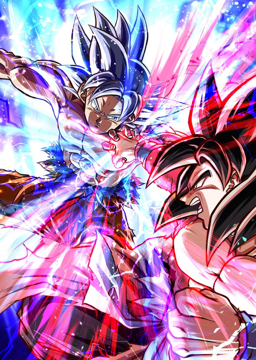 2boys angry aura blocking dougi energy fighting grey_eyes highres multiple_boys muscular muscular_male punching red_fur red_hair serious son_goku son_goku_(xeno) super_dragon_ball_heroes super_full_power_saiyan_4_limit_breaker tagme topless_male torn_clothes ultra_instinct white_hair yellow_eyes