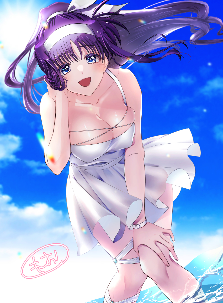 1girl absurdres aged_up blue_eyes blue_hair blush breasts cleavage cloud cloudy_sky collarbone covered_erect_nipples dress hair_ornament hair_ribbon hairband highres large_breasts leonis_g long_hair looking_at_viewer lyrical_nanoha mahou_shoujo_lyrical_nanoha open_mouth outdoors ribbon shiny_skin sky smile solo tsukimura_suzuka white_dress