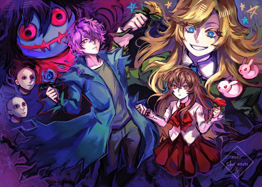 1boy 2girls :o ascot blonde_hair blue_coat blue_eyes blue_flower blue_rose bright_pupils brown_hair brown_shirt coat collared_dress collared_shirt doll_(ib) dress flower garry_(ib) green_dress grin highres holding holding_flower holding_hands ib_(ib) ib_(kouri) long_hair looking_ahead looking_at_another mary_(ib) mirshroom multiple_girls pants parted_lips purple_eyes purple_hair red_ascot red_eyes red_flower red_rose red_skirt rose shirt short_hair skirt smile white_pupils white_shirt yellow_flower yellow_rose