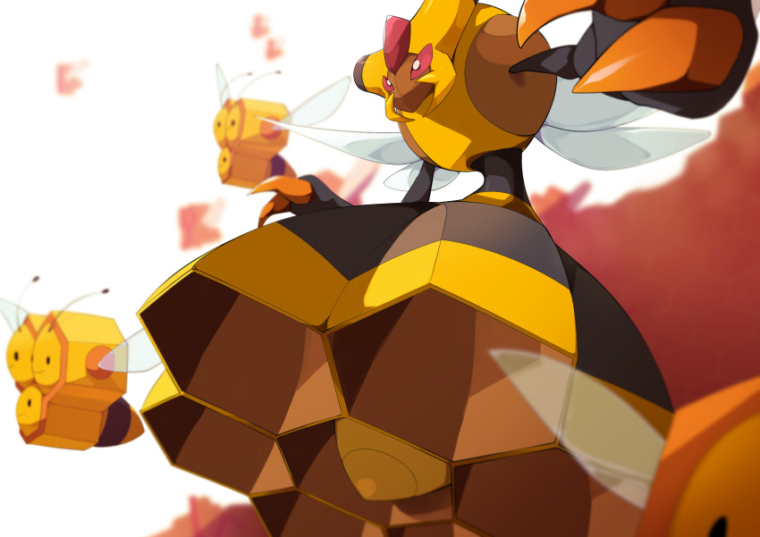 black_eyes blurry bright_pupils claws closed_mouth combee commentary_request evolutionary_line from_side gen_4_pokemon highres kura_(shironagasu02) nintendo no_humans pokemon pokemon_(creature) red_eyes smile solid_circle_eyes vespiquen white_background white_pupils