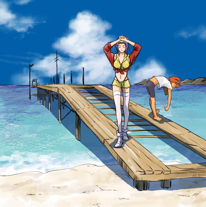 2girls absurdres cowboy_bebop dock edward_wong_hau_pepelu_tivrusky_iv faye_valentine highres multiple_girls ocean purple_hair red_hair short_hair sky tobalin