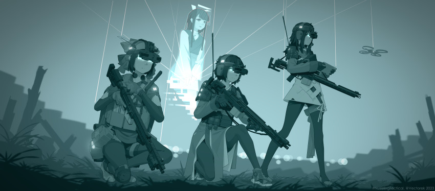 3girls absurdres artificial_intelligence assault_rifle controller gun heads-up_display headset highres leggings load_bearing_vest military multiple_girls nusisring_tactical quadcopter red_dot_sight rifle shoes sneakers tactical_clothes user_interface vectorek weapon xu_shangwu_(vectorek) xu_shangyu_(vectorek) yang_simo_(vectorek)