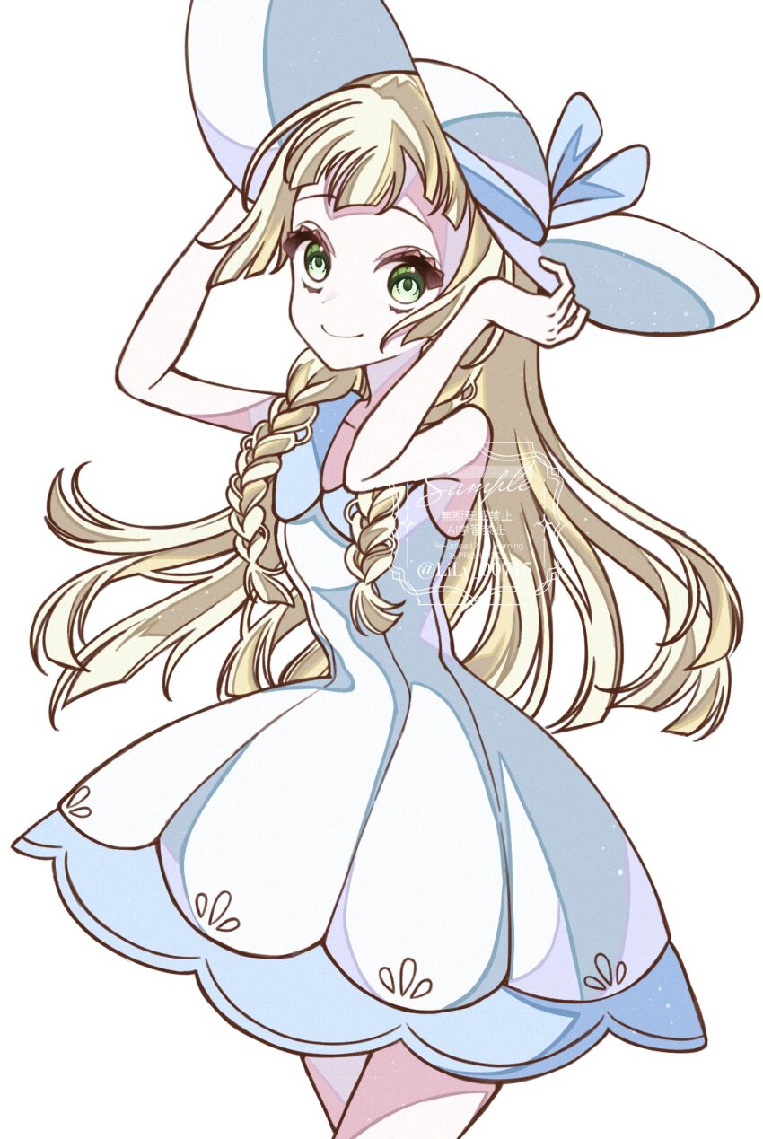 1girl blonde_hair braid closed_mouth cowboy_shot dress green_eyes hat highres lillie_(pokemon) lily_00715 long_hair looking_at_viewer nintendo pokemon pokemon_sm sleeveless sleeveless_dress smile solo twin_braids white_background white_dress white_hat