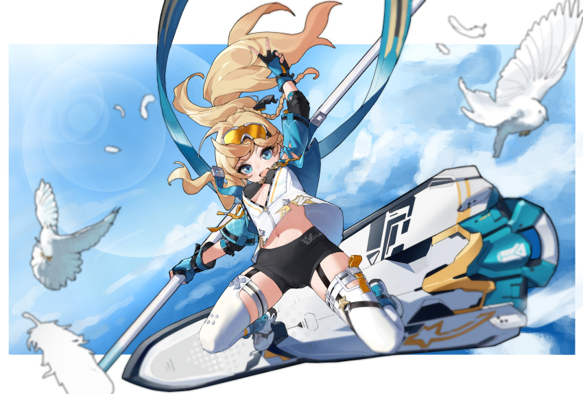 1girl absurdres aged_down aqua_gloves aqua_jacket arm_up bird black_bra black_shorts blonde_hair blue_eyes blue_sky bra caiziyou cloud cloudy_sky durandal_(honkai_impact) durandal_(reign_solaris)_(honkai_impact) fingerless_gloves floating_hair gloves goggles goggles_on_head highres honkai_(series) honkai_impact_3rd jacket long_hair navel open_clothes open_jacket open_mouth shoes shorts skateboard skating sky smile solo thighhighs two-tone_gloves underwear v white_shoes white_thighhighs