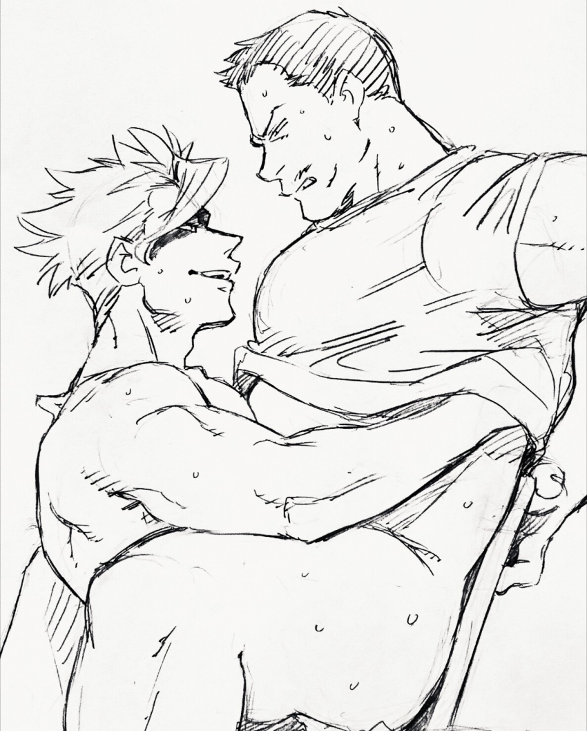 2boys bara belly bottomless chair clothes_lift dickfish_(fishismdick) eye_contact facial_hair from_side frown gundam gundam_tekketsu_no_orphans gunnel_haeda hand_under_clothes highres implied_anal implied_sex large_pectorals lifting_another&#039;s_clothes looking_at_another male_focus mature_male multiple_boys muscular muscular_male mustache naked_shirt orga_itsuka pectorals plump scan shirt shirt_lift short_hair sideburns sketch spiked_hair sweat thick_thighs thighs topless_male traditional_media undressing_another yaoi