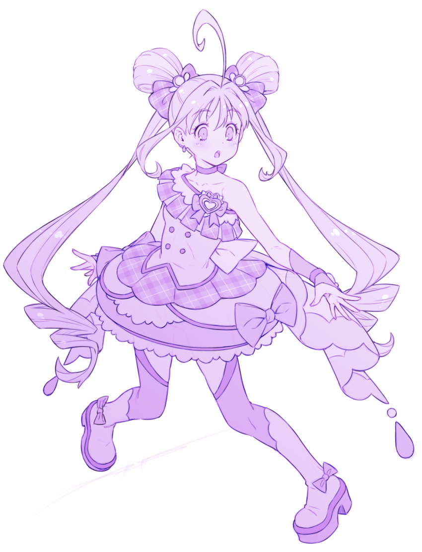 1girl ahoge boots bow breasts choker collarbone commentary_request cure_kyunkyun double_bun dress dress_bow earrings footwear_bow full_body hair_bow hair_bun highres huge_ahoge idol_heart_brooch jewelry kazuma_muramasa kimi_to_idol_precure long_hair magical_girl monochrome multiple_earrings plaid_bow precure purple_theme shigure_kokoro simple_background single_bare_shoulder small_breasts solo standing strapless strapless_dress teardrop_earrings thigh_boots twintails very_long_hair white_background wrist_cuffs