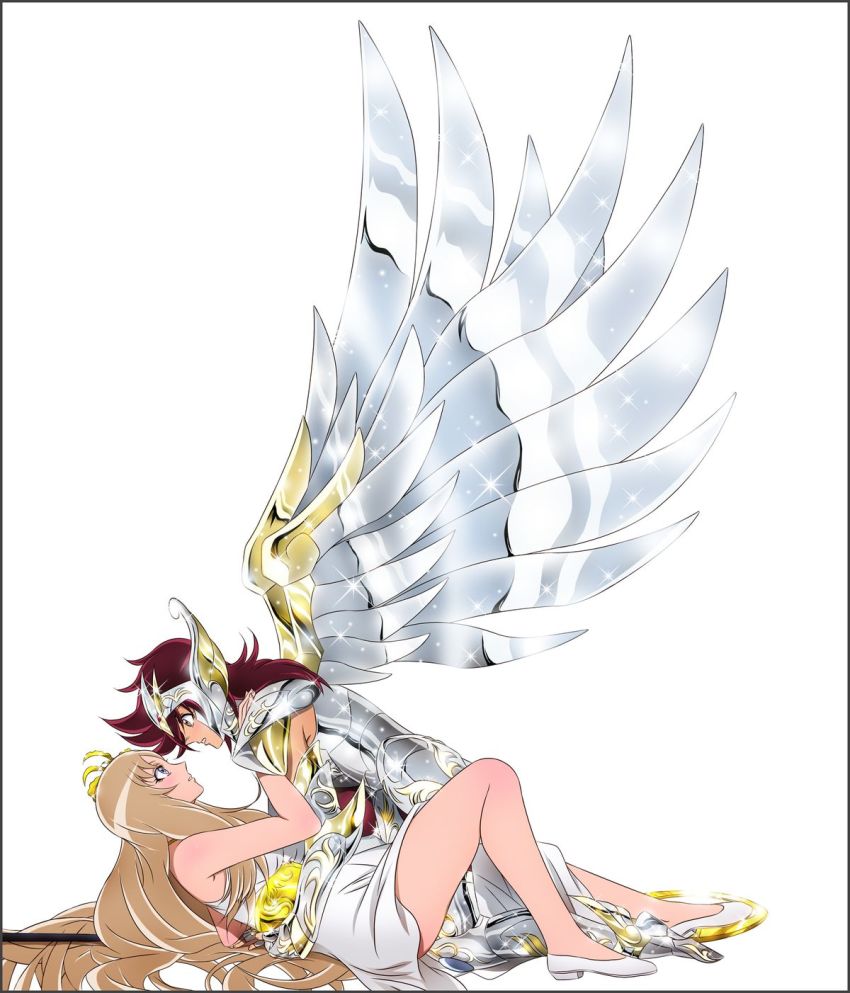 10s aquila_yuna armor blue_eyes brown_eyes brown_hair dress eye_contact highres long_hair looking_at_another pegasus_koga red_hair saint_seiya saint_seiya_omega simple_background white_background white_dress wings yadokari_genpachirou