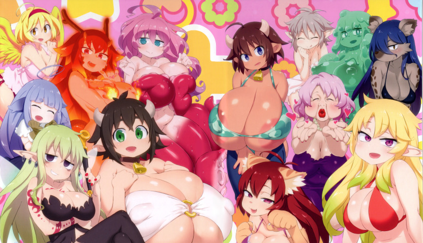 6+girls :3 absurdres ahoge aloe_(ishuzoku_reviewers) animal_ears animal_hands antenna_hair areola_slip bell bikini black_hair blonde_hair blue_eyes blue_hair blush breasts brown_hair cat_ears cat_girl cat_paws cleavage covered_erect_nipples cow_ears cow_girl cow_horns cowbell eldri elf elma_(ishuzoku_reviewers) elza_(ishuzoku_reviewers) fairy fairy_wings feathered_wings fur furry furry_female gigantic_breasts green_eyes grey_hair guinea highres horns huge_breasts hyena_girl ishuzoku_reviewers large_areolae large_breasts long_hair looking_at_viewer lymee medium_breasts mii_(ishuzoku_reviewers) milky_(ishuzoku_reviewers) monster_girl multiple_girls nail_polish official_art okpa open_mouth piltia pink_hair pointy_ears purple_eyes purple_hair red_hair scylla slime_girl slimy smile smoking_pipe suction_cups swimsuit tan tentacles tiaplate wings yellow_eyes