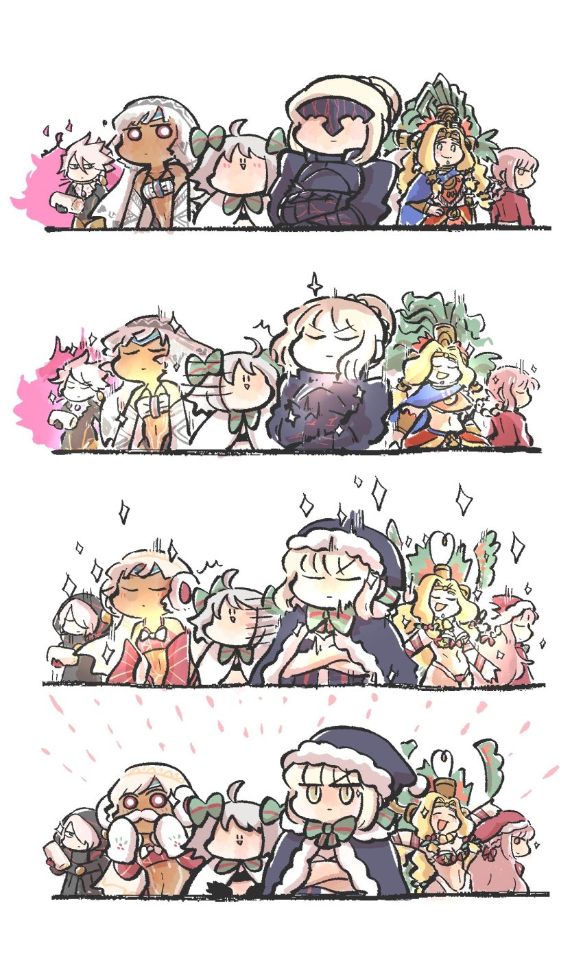 1boy 5girls ahoge altera_(fate) altera_the_santa_(fate) armor artoria_pendragon_(fate) blonde_hair braid covered_eyes crossed_arms dark-skinned_female dark_skin earmuffs fake_facial_hair fake_mustache fate/grand_order fate_(series) florence_nightingale_(fate) florence_nightingale_(santa)_(fate) grey_hair hat highres hood hooded_coat jeanne_d&#039;arc_(fate) jeanne_d&#039;arc_alter_santa_lily_(fate) karna_(fate) karna_(santa)_(fate) long_hair mittens multiple_girls pink_hair quetzalcoatl_(fate) quetzalcoatl_(samba/santa)_(fate) saber_alter saber_alter_(first_ascension) santa_alter santa_hat transformation umeyama_(ume22ke) white_hair