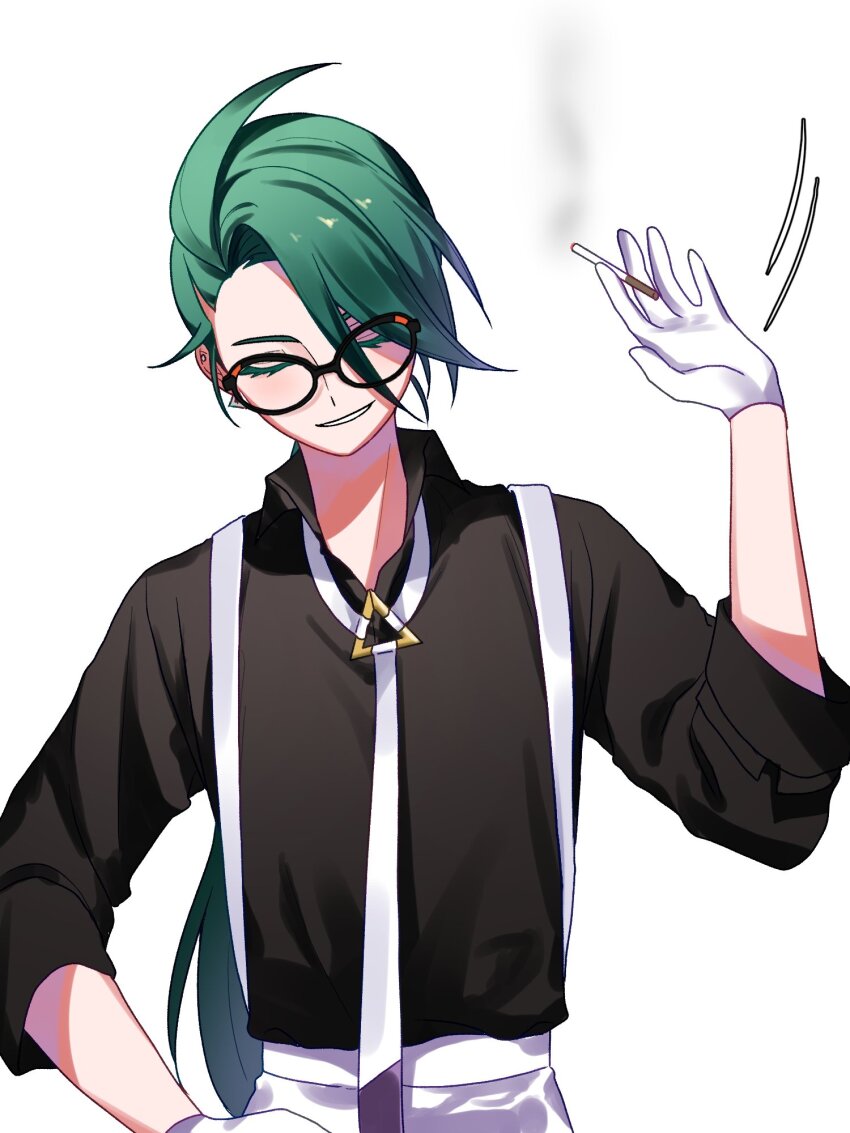 1girl 9eras9 androgynous black-framed_eyewear black_shirt cigarette closed_eyes creatures_(company) earrings facing_viewer game_freak glasses gloves green_hair hand_on_own_hip hand_up highres holding holding_cigarette jewelry long_hair necktie nintendo pokemon pokemon_masters_ex reverse_trap rika_(pokemon) shirt simple_background smile smoke solo suspenders swept_bangs triangle_earrings upper_body white_background white_gloves white_necktie