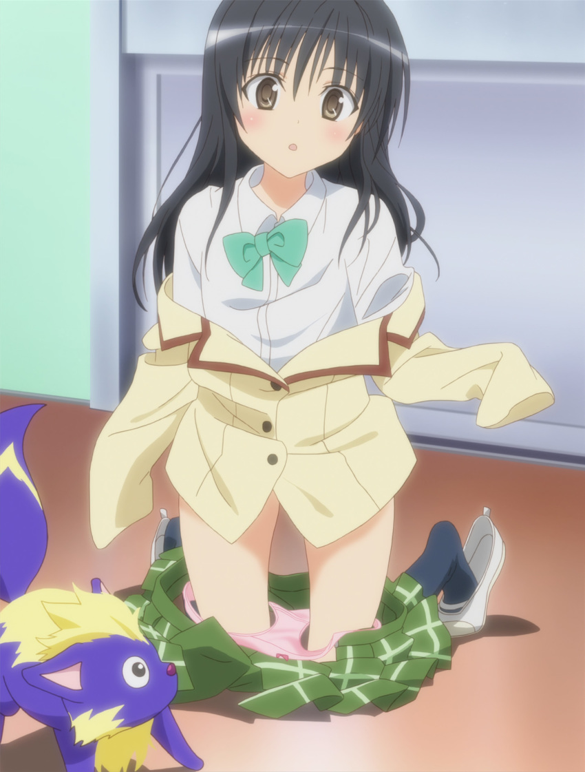 10s 1girl age_regression aged_down animal anime_screenshot black_hair blazer blue_bow blue_bowtie blush bow bowtie brown_eyes clothes_pull flat_chest green_skirt highres jacket kotegawa_yui long_hair miniskirt motto_to_love-ru necktie oversized_clothes panties panties_around_knees panty_pull pleated_skirt school_uniform shirt shoes skirt skirt_around_knees skirt_pull socks stitched third-party_edit to_love-ru underwear white_shirt yellow_blazer