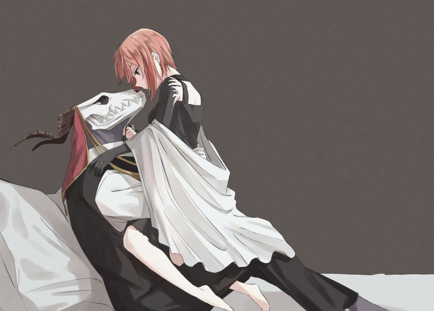 1boy 1girl absurdres animal_head animal_skull barefoot black_dress delfuze dress elias_ainsworth eye_contact face-to-face gloves green_eyes hatori_chise highres horns interspecies jewelry looking_at_another mahou_tsukai_no_yome red_hair ring skull_head straddling wedding_ring white_gloves