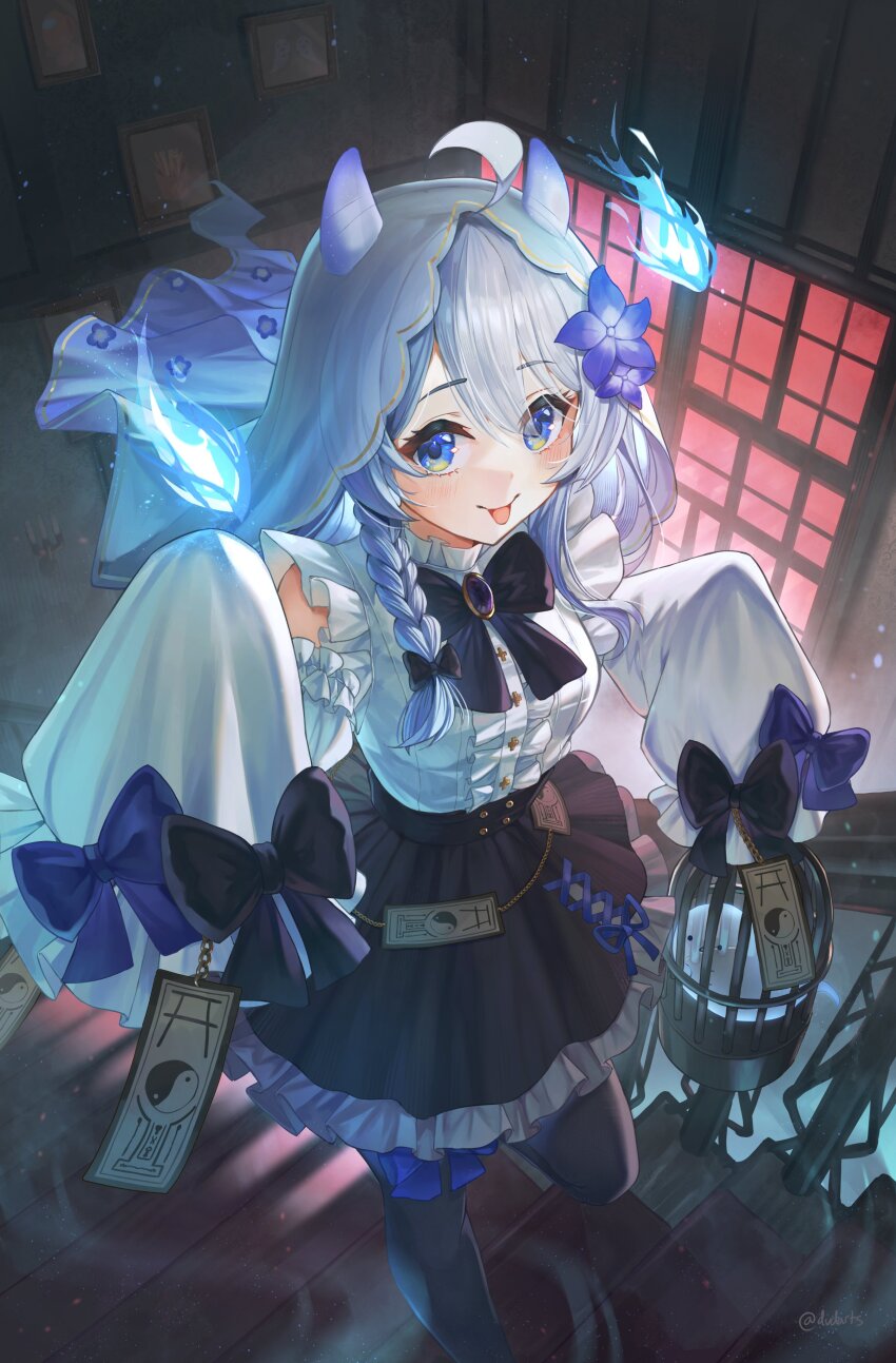 1girl :p absurdres ahoge birdcage black_bow black_bowtie black_pantyhose black_skirt blue_bow blue_eyes blue_fire blue_flower blue_hair bow bowtie braid breasts brooch cage center_frills closed_mouth commentary cross-laced_clothes cross-laced_skirt detached_sleeves dvdarts english_commentary fire flower frills ghost ghost_girl glitch_stars gradient_hair grey_hair hair_bow hair_flower hair_ornament high-waist_skirt highres holding holding_cage horns indoors jewelry long_hair looking_at_viewer medium_breasts mogughost_(vtuber) multicolored_hair ofuda pantyhose puffy_sleeves shirt signature single_braid skirt sleeve_bow sleeveless sleeveless_shirt sleeves_past_fingers sleeves_past_wrists solo standing suspender_skirt suspenders thigh_bow tongue tongue_out underbust veil very_long_sleeves virtual_youtuber white_shirt white_sleeves window yin_yang