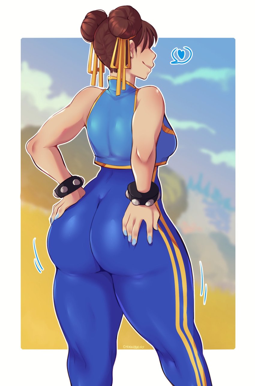 1girl arms_at_sides artist_name ass ass_focus back blue_bodysuit blue_nails blue_vest blurry blurry_background bodysuit bracelet breasts brown_hair building capcom chikkibug chun-li cleft_of_venus clenched_hand cowboy_shot day double_bun fat_mons female_focus foreshortening from_behind from_below grabbing_own_ass hair_bun heart highres jewelry jiggle kneepits looking_back medium_breasts nature outdoors outside_border shaded_face shoulder_blades sideboob smile solo spiked_bracelet spikes spread_fingers standing street_fighter street_fighter_alpha sunset thick_lips thick_thighs thighs vest wide_hips