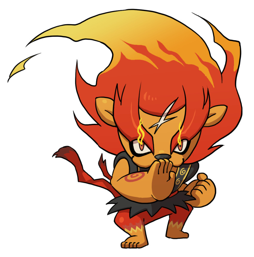 blazion blonde_hair fiery_hair flaming_eyes looking_at_viewer multicolored_hair no_humans official_art red_eyes red_hair scar scar_on_face scar_on_forehead simple_background solo standing two-tone_hair white_background youkai_(youkai_watch) youkai_watch