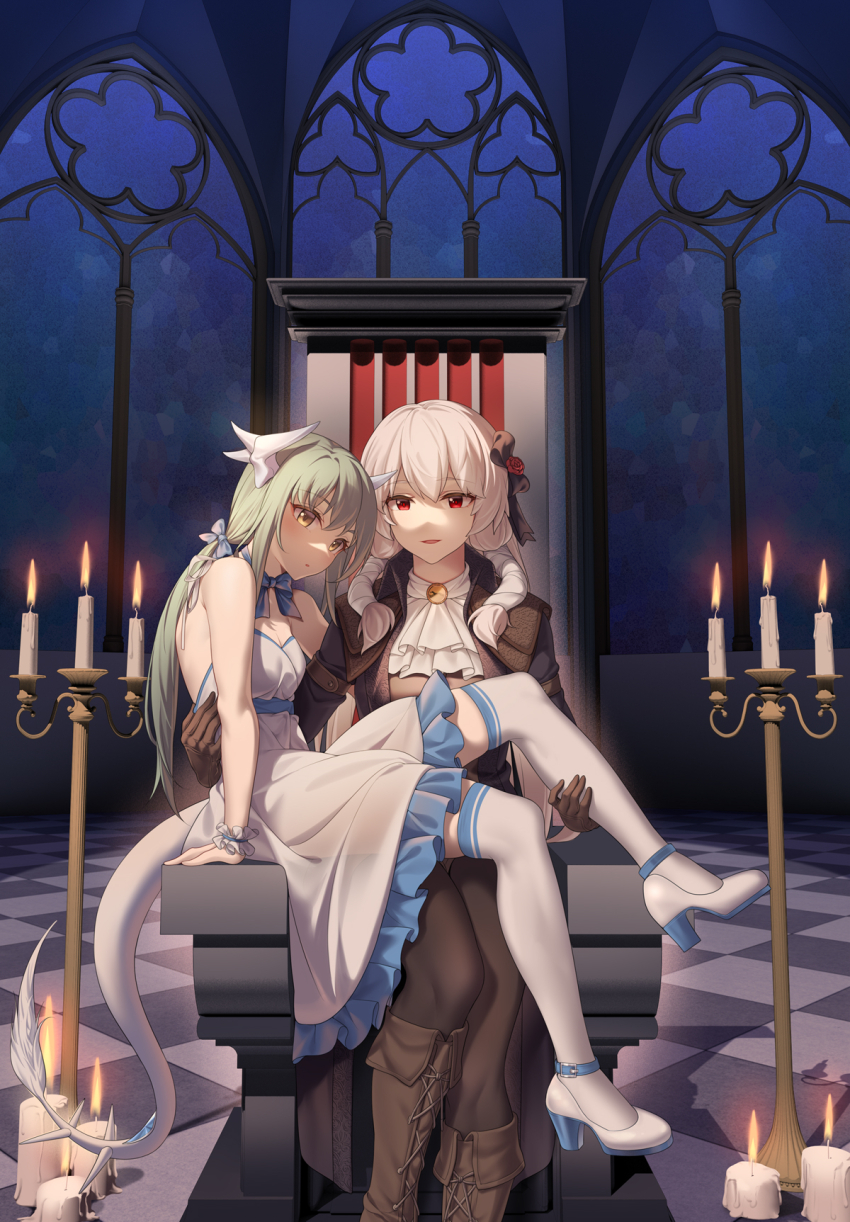 2girls ascot black_bow black_jacket blue_bow boots bow brown_footwear brown_gloves candle candlestand cartonbox_(zhixiang_zhi) character_request chaser_(warship_girls_r) checkered_floor chinese_commentary collared_jacket colored_shoe_soles commentary_request dated_commentary dress flower frilled_dress frills gloves green_hair hair_between_eyes hair_bow hand_on_another&#039;s_back high_heels highres holding_another&#039;s_leg horns indoors jacket lace-up_boots long_hair long_sleeves looking_back multiple_girls open_clothes open_jacket parted_lips red_bow red_flower sidelocks sitting spikes tail thighhighs throne warship_girls_r white_ascot white_dress white_footwear white_hair white_horns white_tail white_thighhighs yellow_eyes