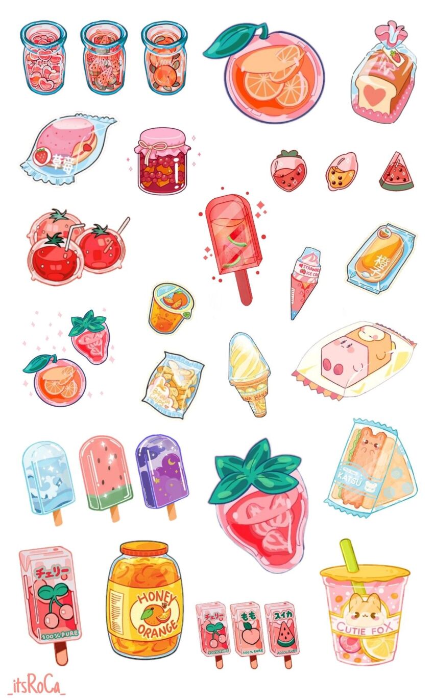 artist_name character-themed_food commentary cup disposable_cup drinking_glass drinking_straw english_commentary food food_focus food_wrapper fruit highres honey ice_cream itsroca jar jelly_donut_(food) kirby kirby_(series) nintendo no_humans orange_(fruit) orange_slice original popsicle simple_background sparkle waddle_dee watermelon_bar white_background