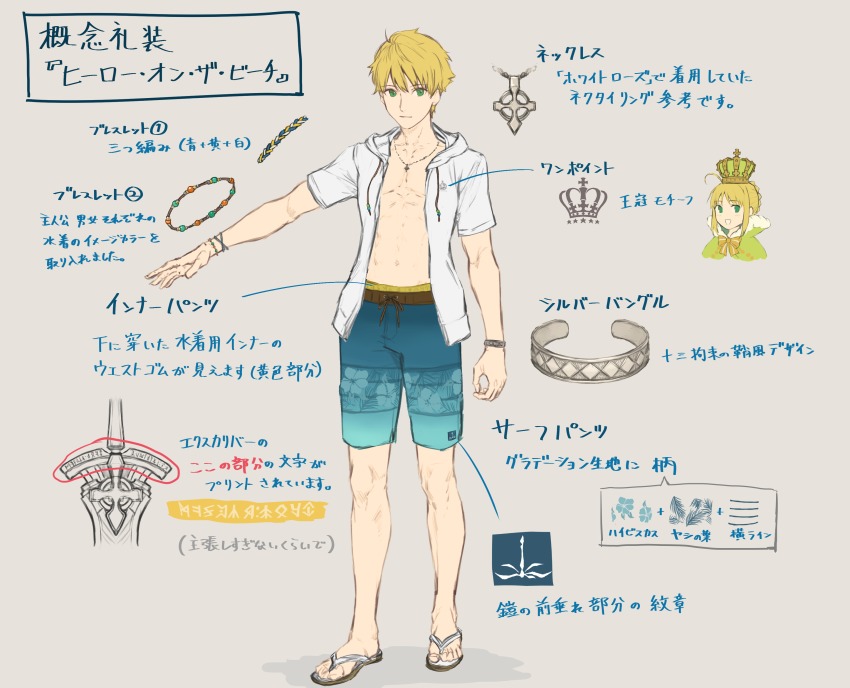 1boy absurdres arrow_(symbol) arthur_pendragon_(fate) arthur_pendragon_(hero_on_the_beach)_(fate) artoria_pendragon_(fate) artoria_pendragon_(swimsuit_archer)_(fate) artoria_pendragon_(swimsuit_archer)_(third_ascension)_(fate) blonde_hair bracelet cape reference_sheet commentary_request crown fate/grand_order fate/prototype fate/prototype:_fragments_of_blue_and_silver fate_(series) flat_color full_body green_crown green_eyes grey_background highres hood hoodie jewelry kouzuki_kei male_focus sandals simple_background sketch smile solo text_focus translation_request