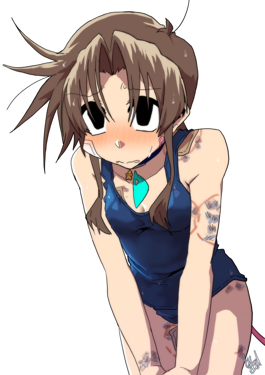 1girl absurdres bandaid bandaid_on_cheek bandaid_on_face bare_shoulders black_eyes blue_one-piece_swimsuit blush breasts brown_hair bruise bruise_on_arm bruise_on_chest bruise_on_leg bruise_on_shoulder cleavage ed-chan_(edkuroki) edkuroki gauze gauze_on_cheek gauze_on_chest gauze_on_leg highres injury long_hair looking_up messy_hair one-piece_swimsuit open_mouth original pink_tail sidelocks signature simple_background small_breasts solo swimsuit tail thighs wavy_mouth white_background