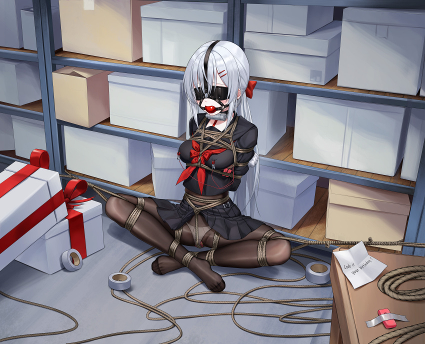 1girl absurdres arms_behind_back ball_gag bdsm bicycle_lock black_pantyhose black_serafuku blindfold bondage bound bound_ankles bound_arms bound_breasts bound_legs bound_torso breast_bondage controller crotch_rope dildo dildo_harness drooling egg_vibrator female_focus forced_orgasm frogtie gag gag_harness gagged grey_hair groin highres indoors kumachi_(aikawaakeya) lock long_hair medium_hair neckerchief nipple_clamps nipple_clamps_over_clothes no_shoes object_insertion original panties panties_under_pantyhose pantyhose pleated_skirt red_neckerchief red_ribbon remote_control remote_control_vibrator ribbon sailor_collar saliva saliva_trail school_uniform serafuku sex_toy shibari shibari_over_clothes sitting skindentation skirt solo spread_legs tape taped_hands underwear vaginal vaginal_object_insertion variant_set very_long_hair vibrator white_panties
