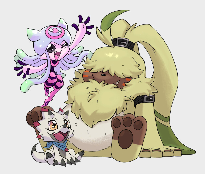 angoramon digimon digimon_(creature) digimon_ghost_game dinosaur doodlelotl floating gammamon happy highres jellyfish_girl jellymon monster_girl rabbit sitting smile tentacle_hair tentacles triceratops
