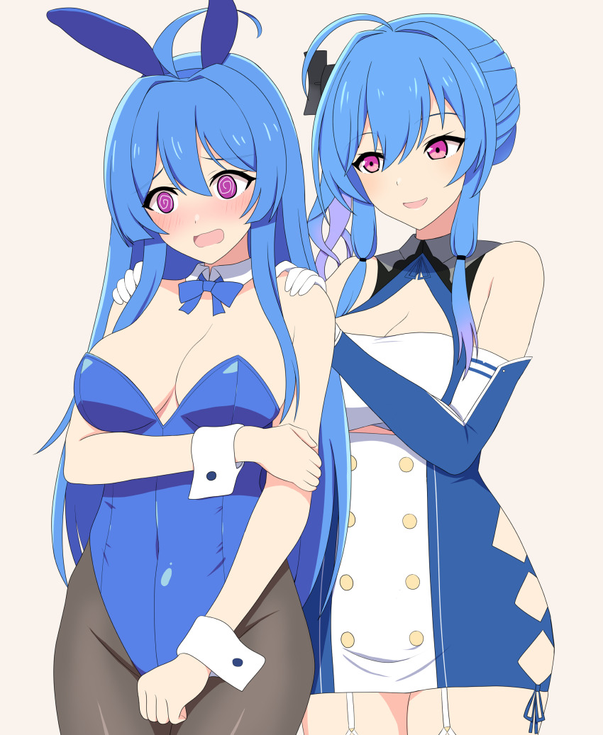 2girls @_@ absurdres ahoge animal_ears argyle_cutout azur_lane bare_shoulders blue_hair blue_leotard blush bow bowtie breasts cleavage clothing_cutout commentary_request covered_navel detached_collar dress elbow_gloves fake_animal_ears gloves helena_(azur_lane) highleg highleg_leotard highres large_breasts leotard long_hair medium_breasts multiple_girls pantyhose playboy_bunny purple_eyes rabbit_ears red_leotard side_cutout side_ponytail smile st._louis_(azur_lane) strapless strapless_leotard sumiboshi_(zatsuha) thighs traditional_bowtie very_long_hair white_wrist_cuffs wrist_cuffs