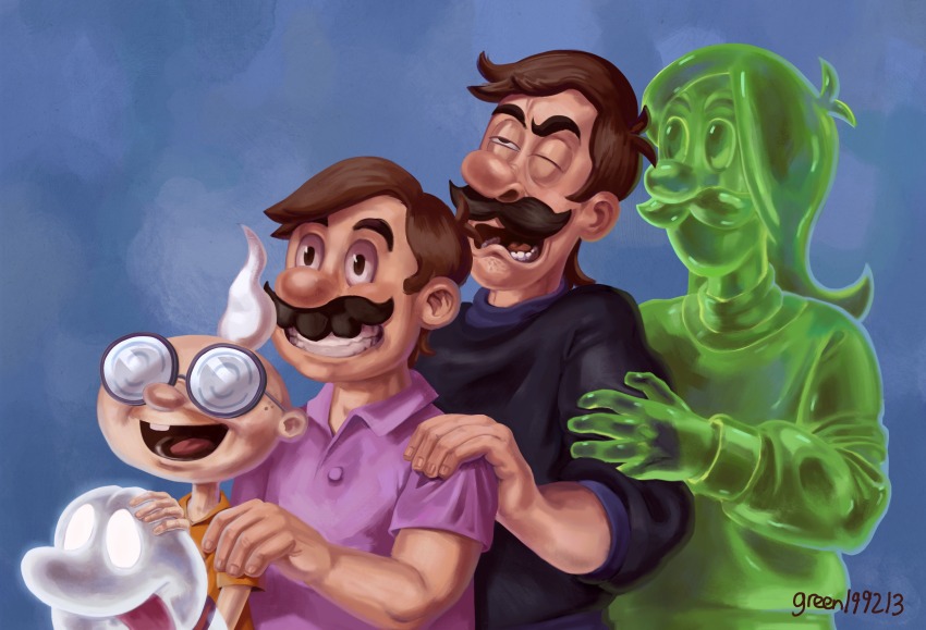 4boys :d absurdres alternate_costume alternate_eye_color artist_name black_sweater blue_background brothers brown_eyes brown_hair buck_teeth coke-bottle_glasses collared_shirt commentary dog english_commentary facial_hair fingernails ghost glasses gooigi green199213 grin highres liver_spots long_hair long_sleeves luigi luigi&#039;s_mansion luigi&#039;s_mansion_3 male_focus mario mario_(series) monster_boy multiple_boys mustache nintendo no_gloves no_headwear nose nostrils old old_man one_eye_closed open_mouth painterly polo_shirt polterpup professor_elvin_gadd purple_sweater round_eyewear shirt short_hair short_sleeves siblings signature simple_background slime_boy smile sweater swept_bangs teeth tongue upper_body white_hair