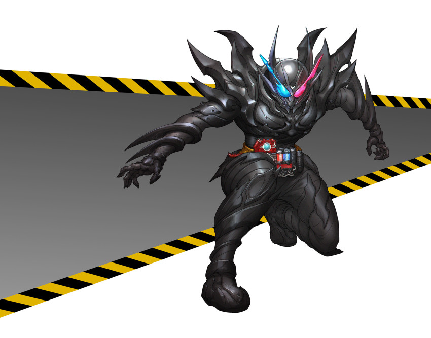 1boy armor black_armor black_background blue_eyes build_driver compound_eyes rider_belt feet_out_of_frame hazard_stripes hazard_trigger heterochromia highres kamen_rider kamen_rider_build kamen_rider_build_(series) kneeling looking_at_viewer male_focus on_one_knee rabbit+tank_form_(black_hazard) red_eyes science_fiction shoulder_armor solo stylistic walking wang_peihao