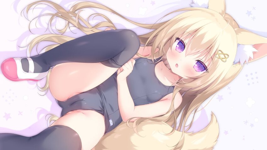 1girl animal_ear_fluff animal_ears ass black_thighhighs blonde_hair blue_one-piece_swimsuit breasts cameltoe commission dressing fox_ears fox_girl fox_tail hair_ornament hairclip knee_up legs loli long_hair lying old_school_swimsuit on_back one-piece_swimsuit open_mouth original pink_eyes piyodera_mucha pulling_own_clothes school_swimsuit shoes skeb_commission small_breasts solo swimsuit tail thighhighs thighhighs_pull thighs white_shoes